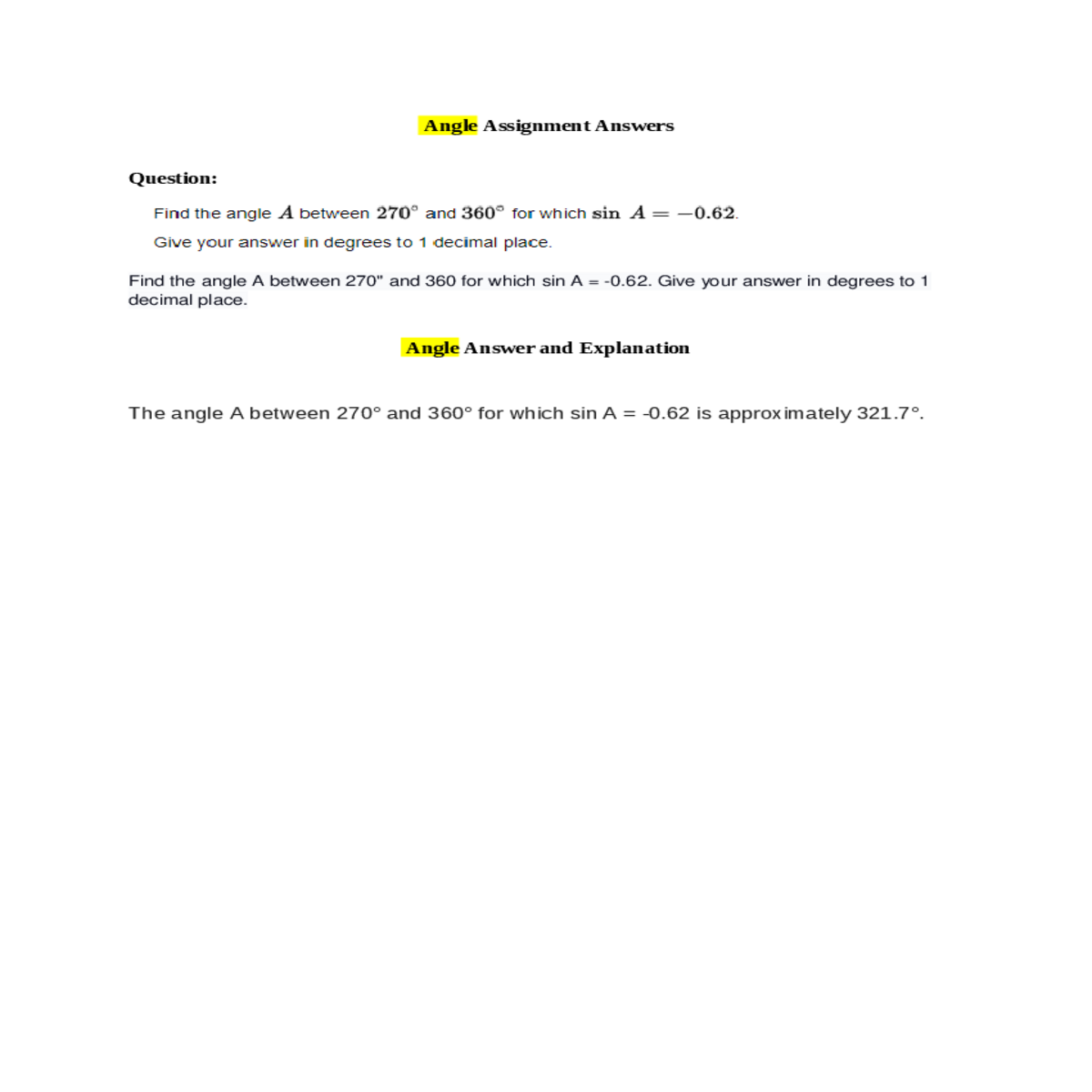 angle answer and explanation