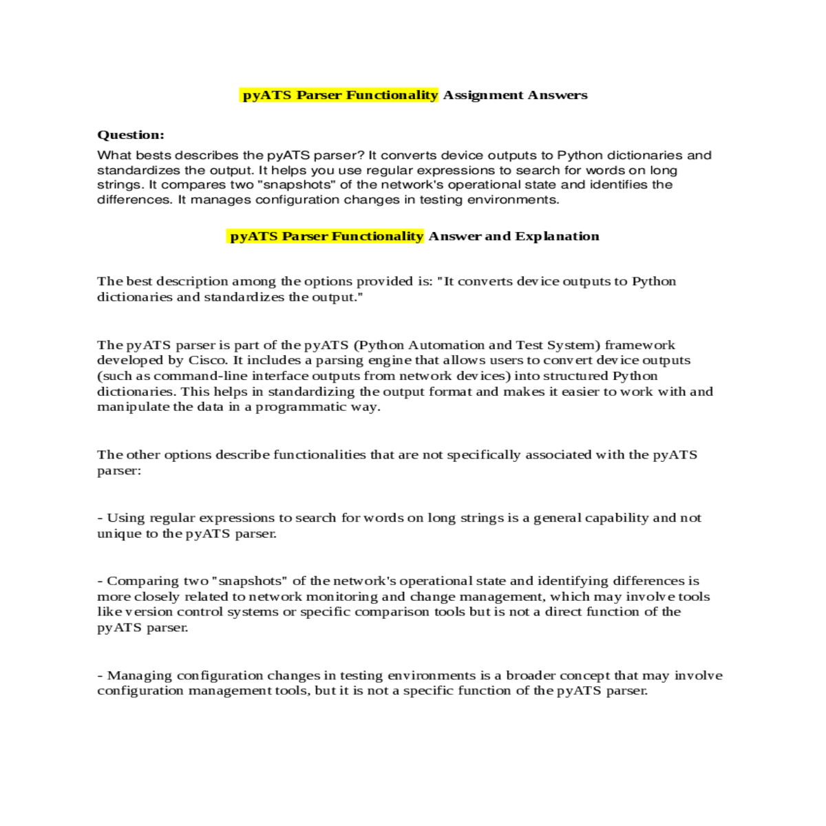 but not specific function the pyats parser