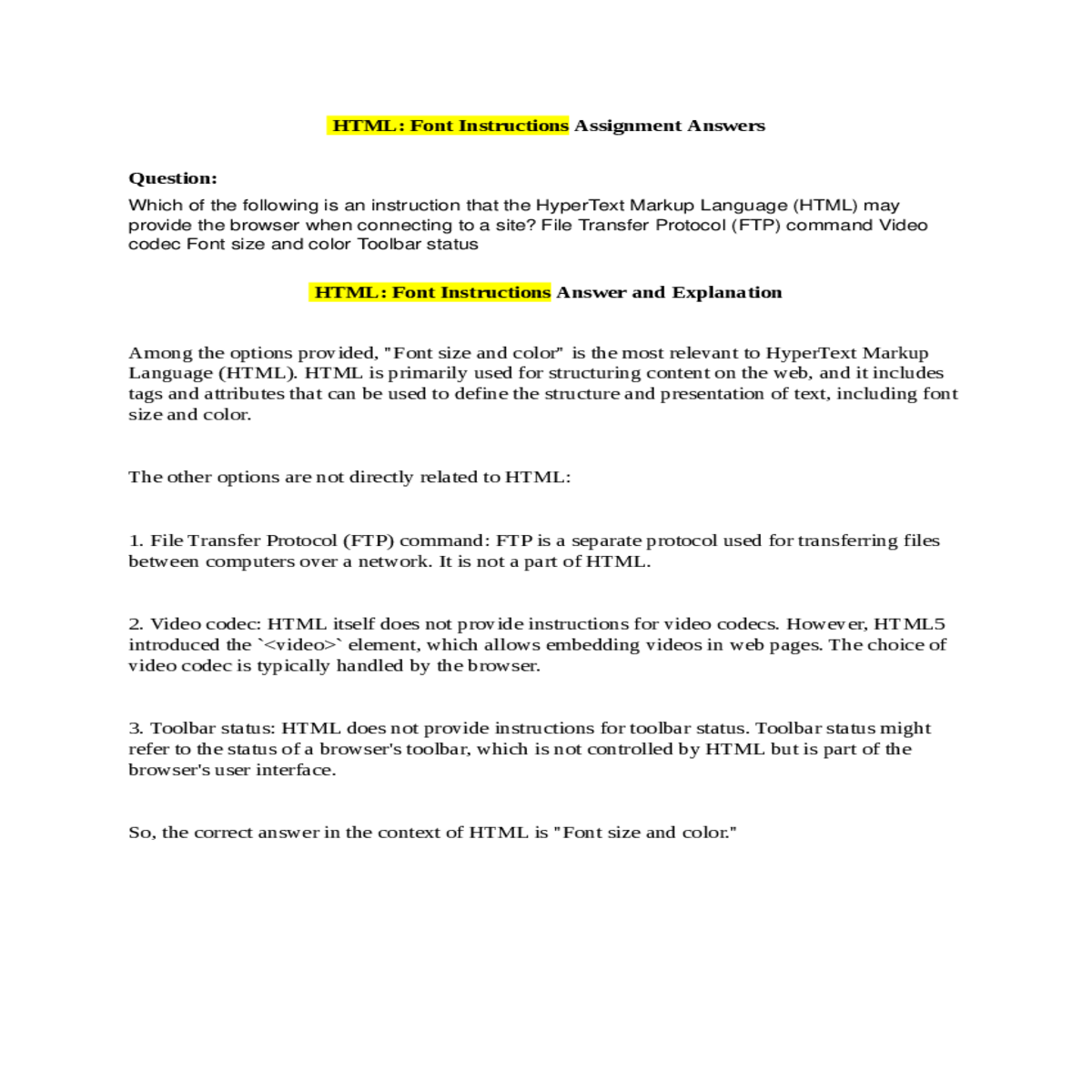 html font instructions answer and explanation