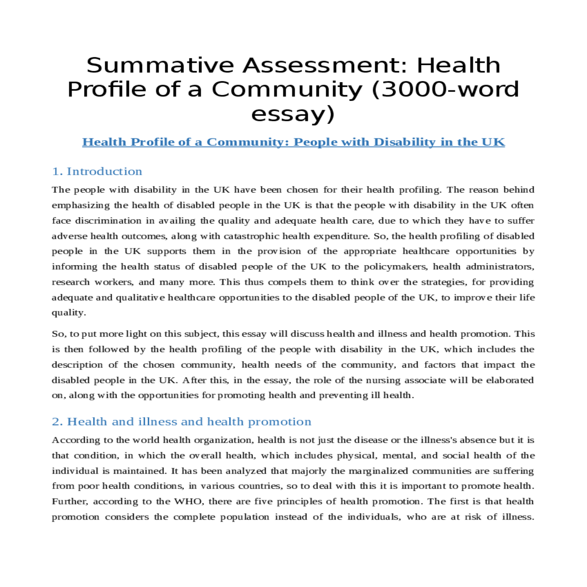 summative assessment health profile of a community