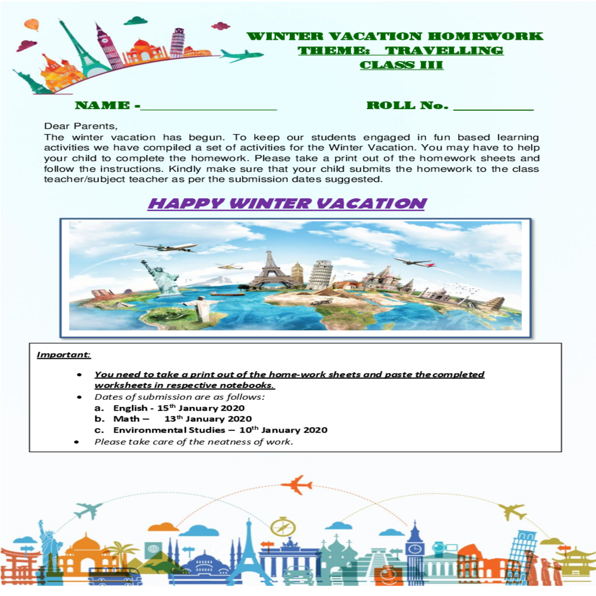 winter vacation homeworktheme travellingclass iiin