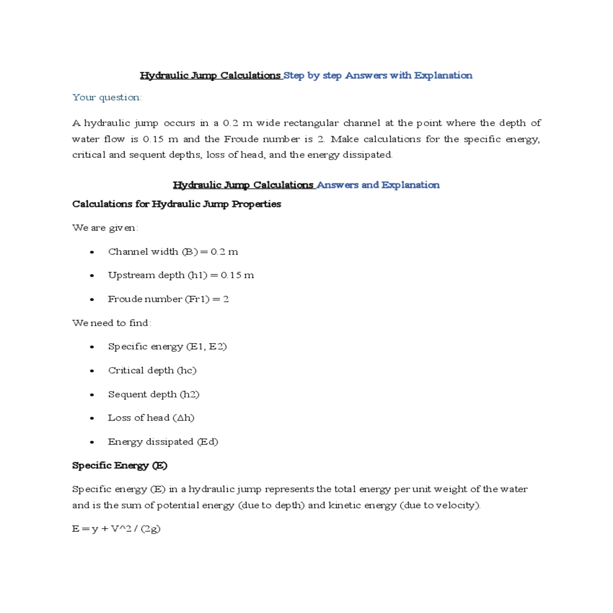 hydraulic jump calculations answers and explanatio