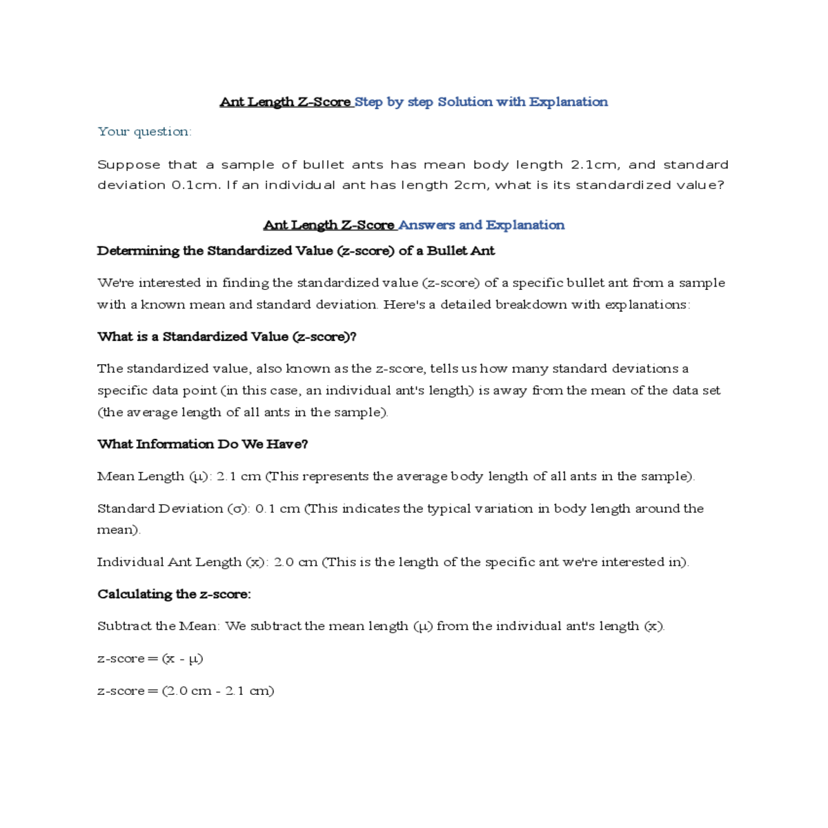 ant length zscore answers and explanation