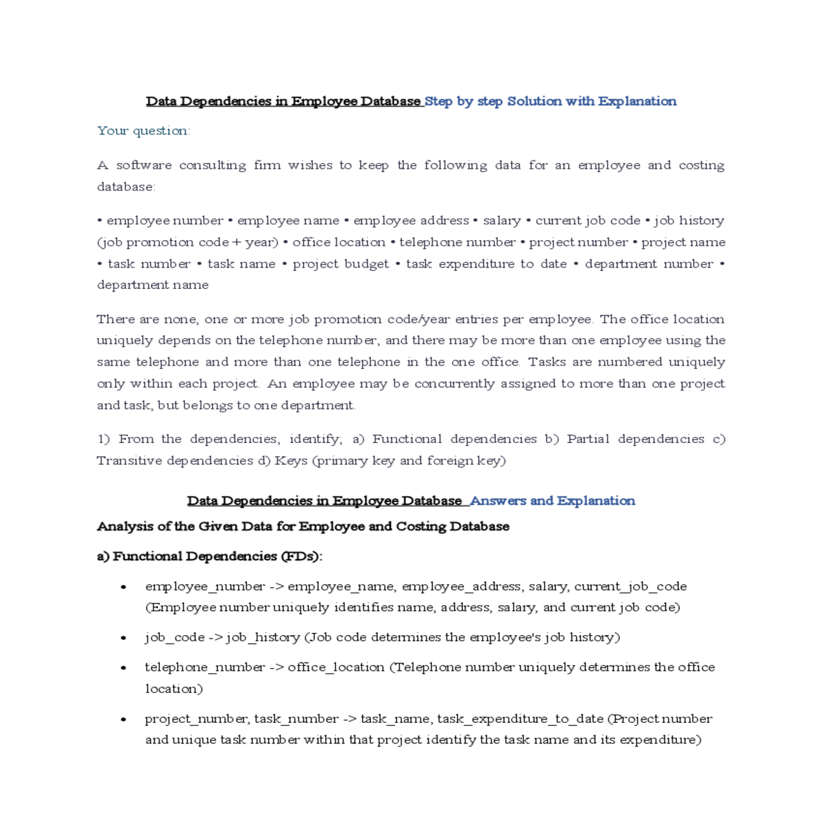 data dependencies in employee database answers and