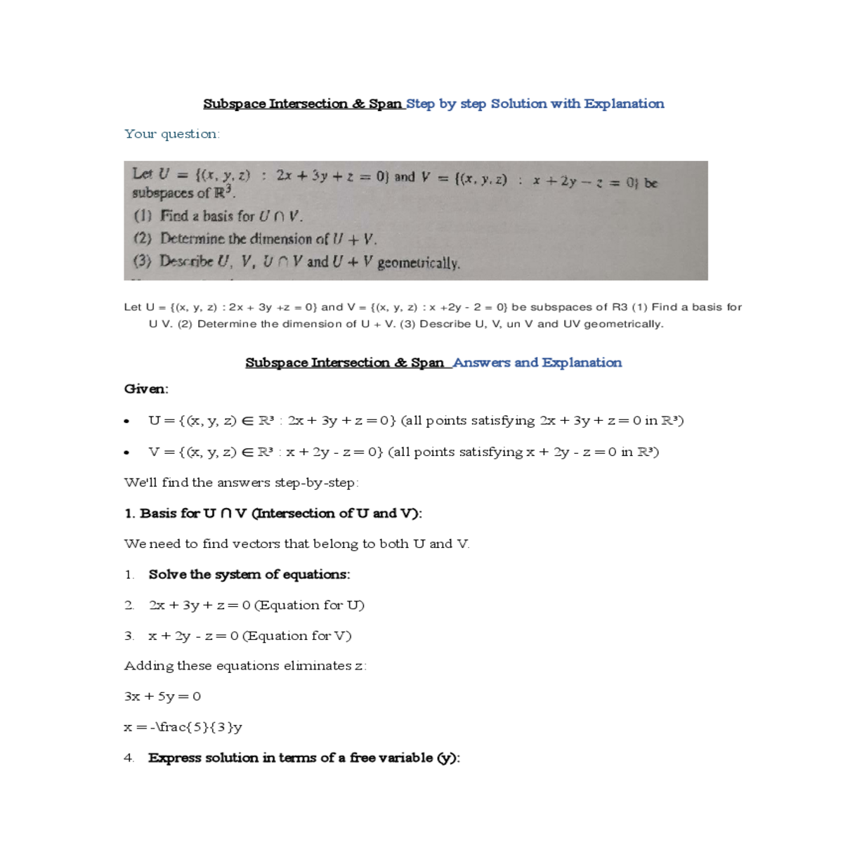 subspace intersection span answers and explanatio