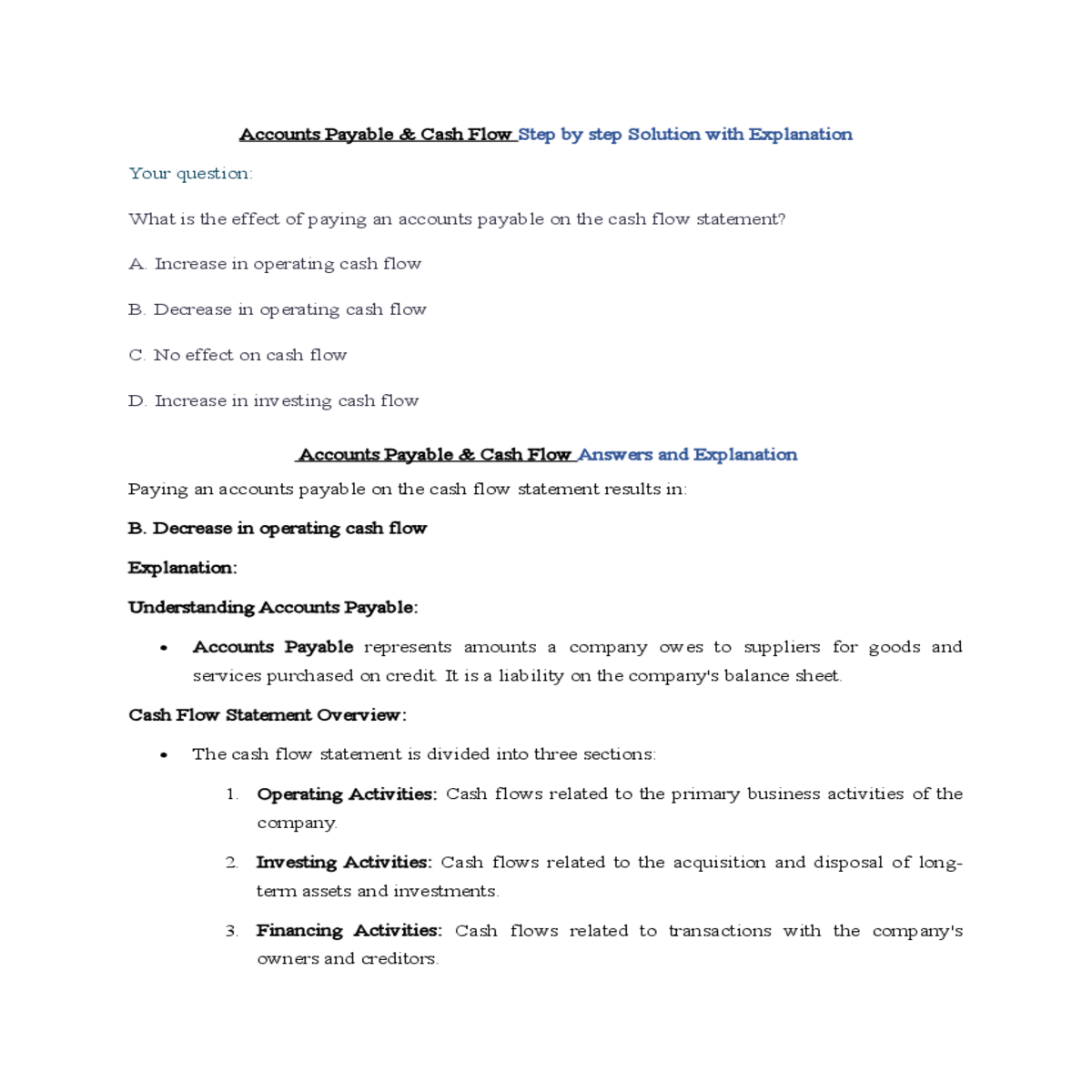accounts payable  cash flow answers and explanatio