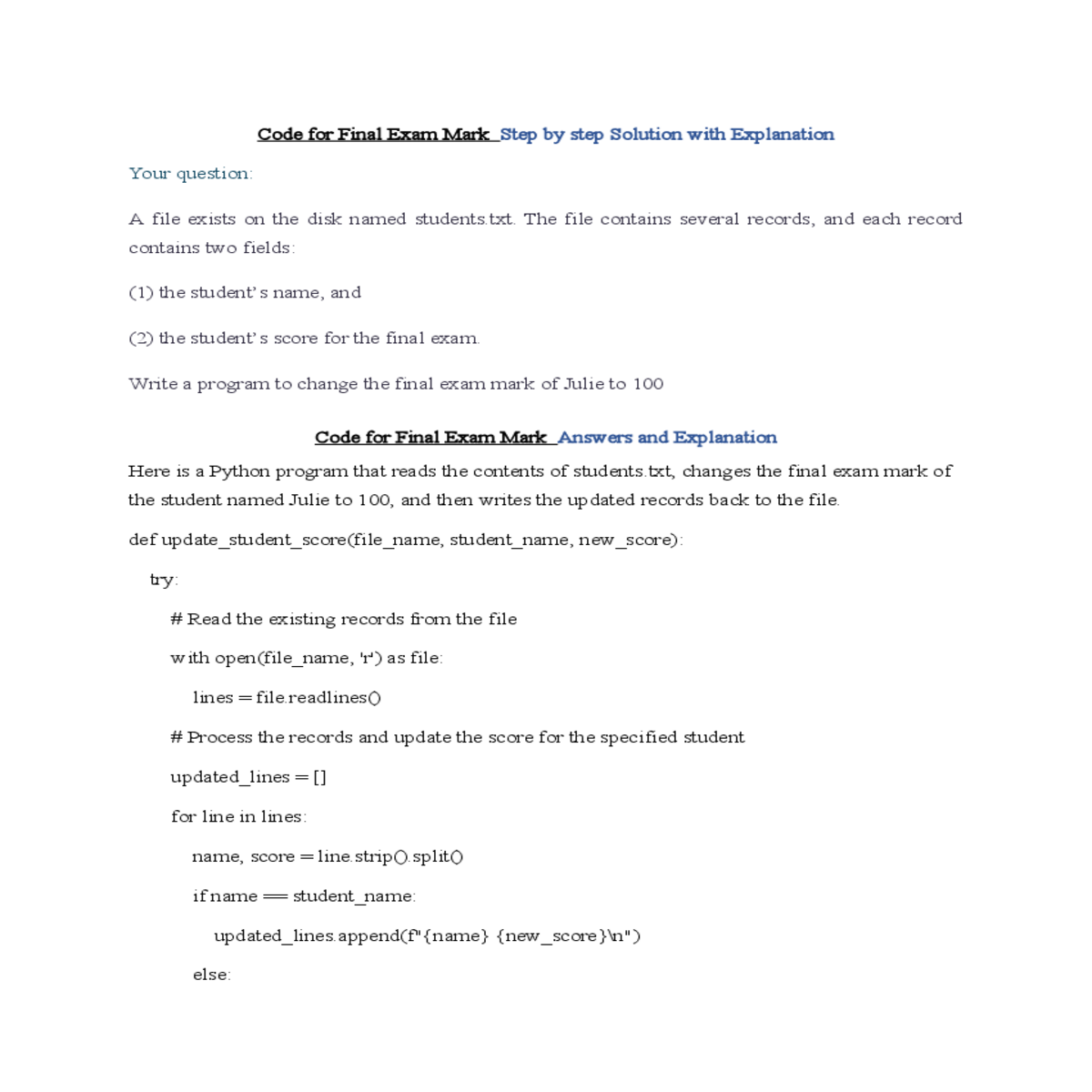 code for final exam mark answers and explanation