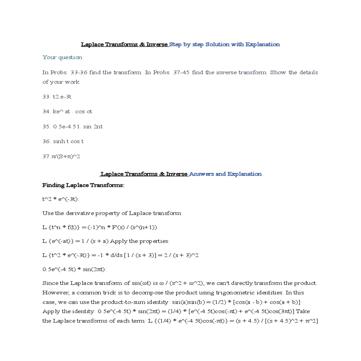 laplace transforms  inverse answers and explanatio