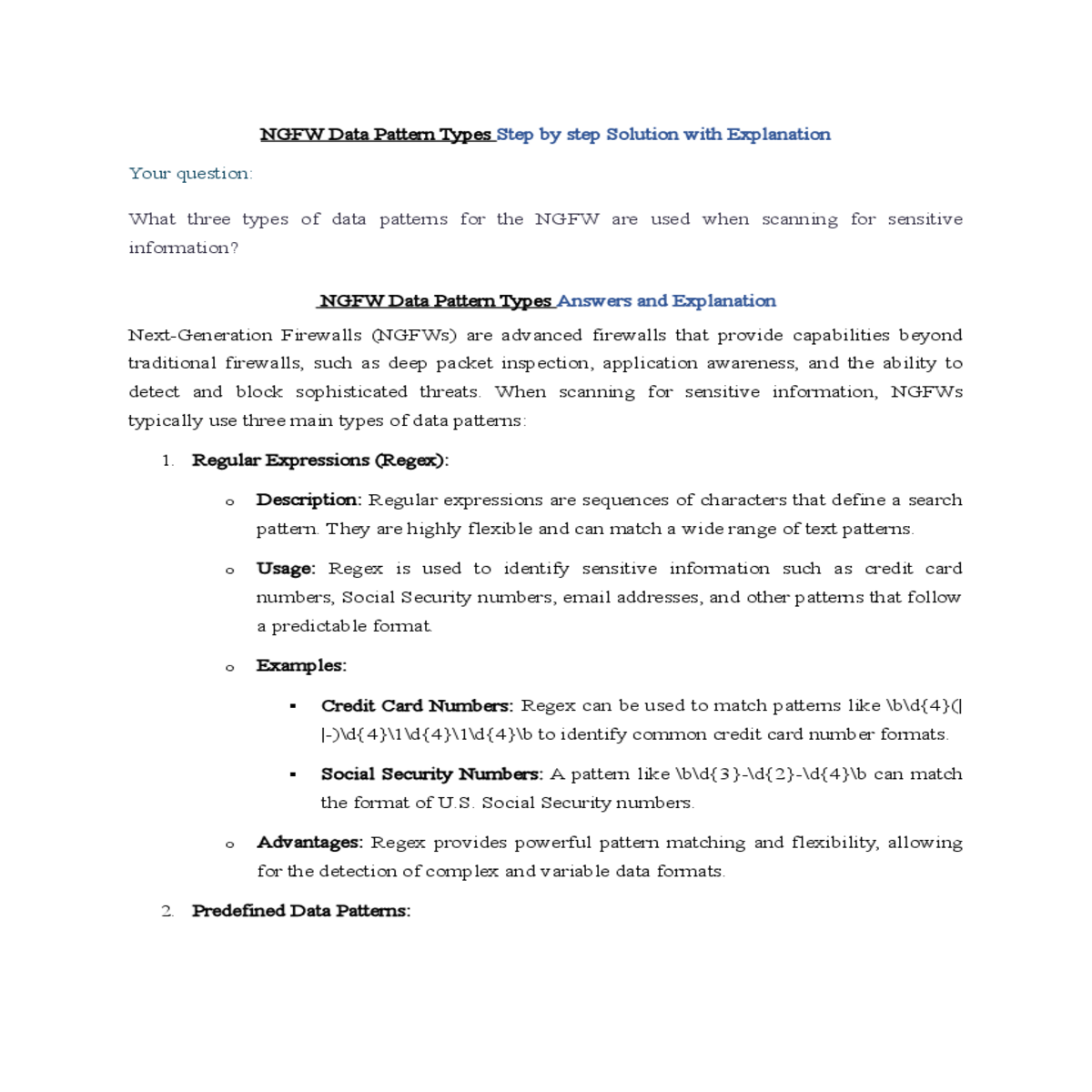 ngfw data pattern types answers and explanation