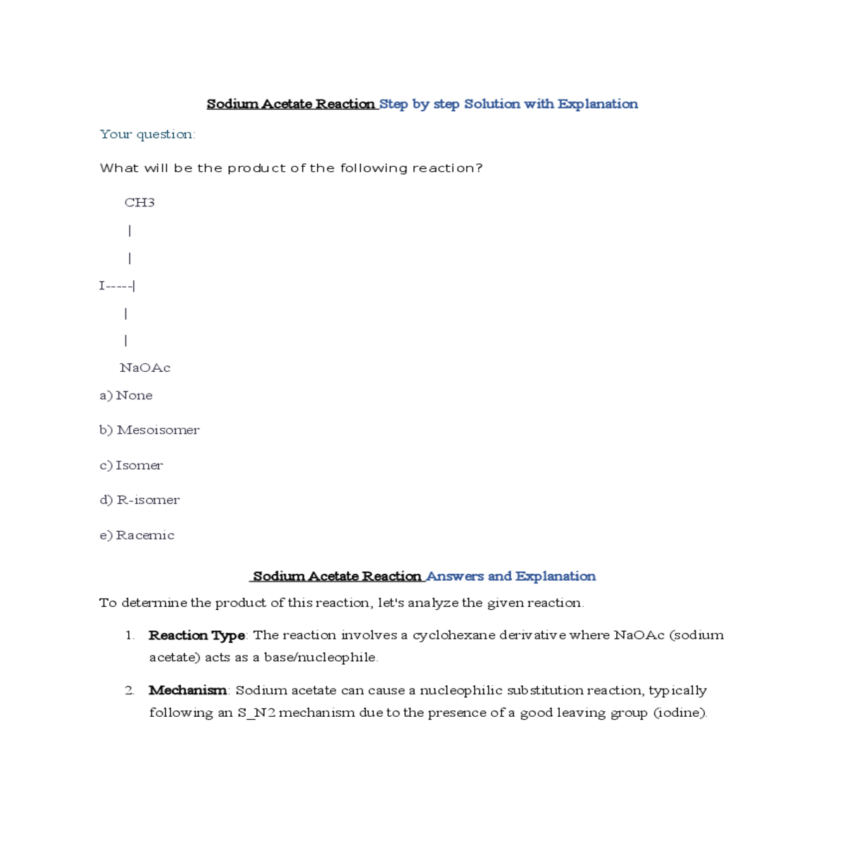 sodium acetate reaction answers and explanation