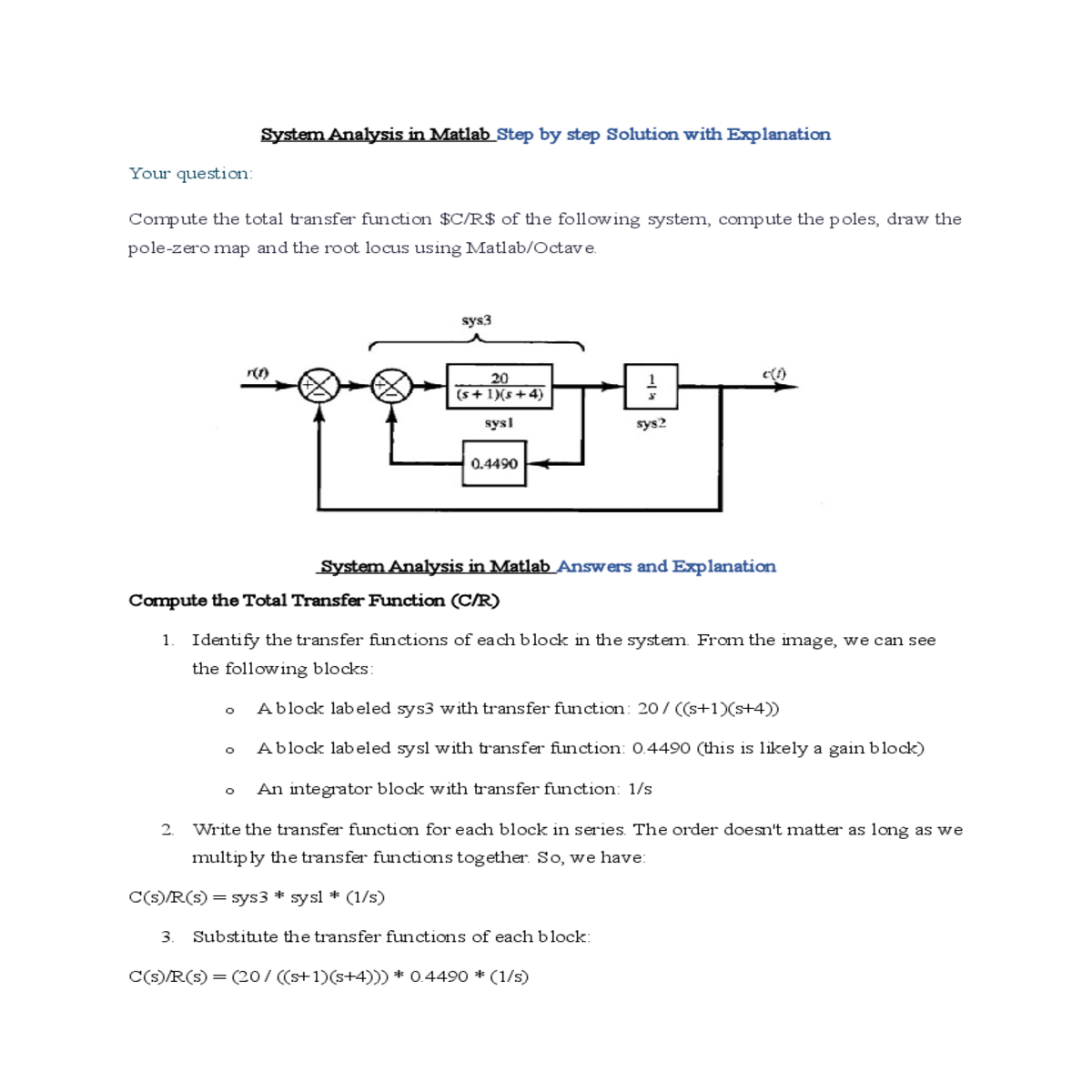 system analysis in matlab answers and explanation