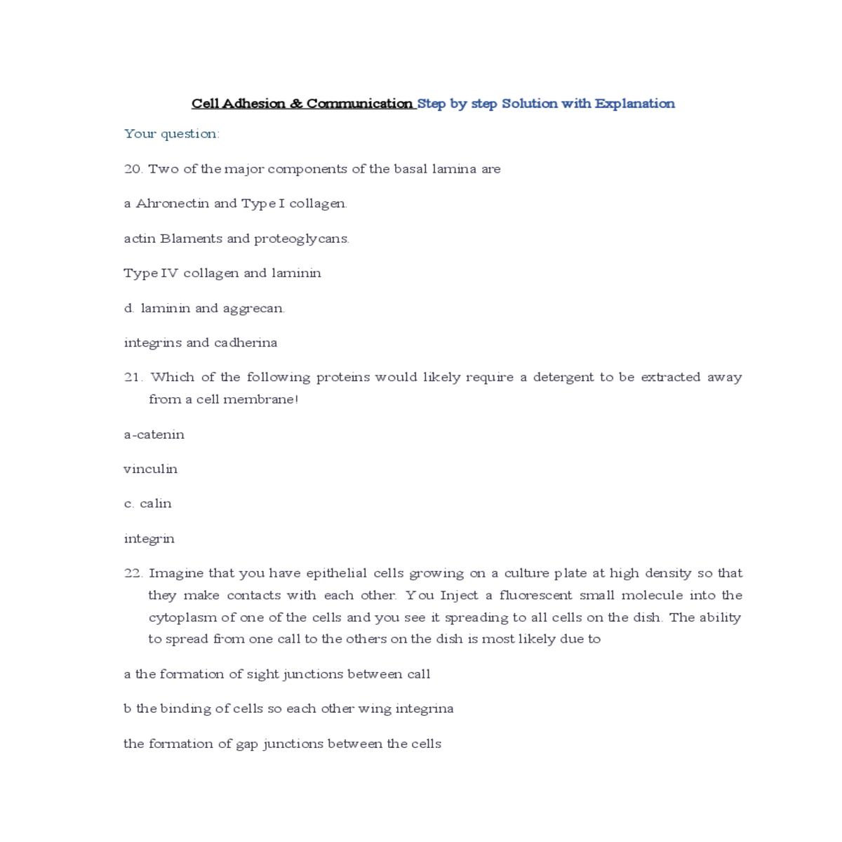 cell adhesion  communication answers and explanati