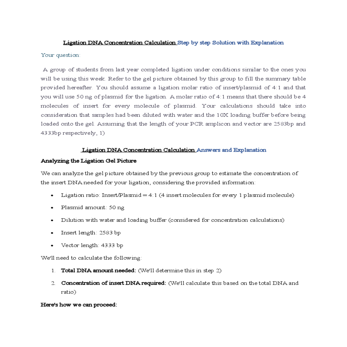 ligation dna concentration calculation answers and