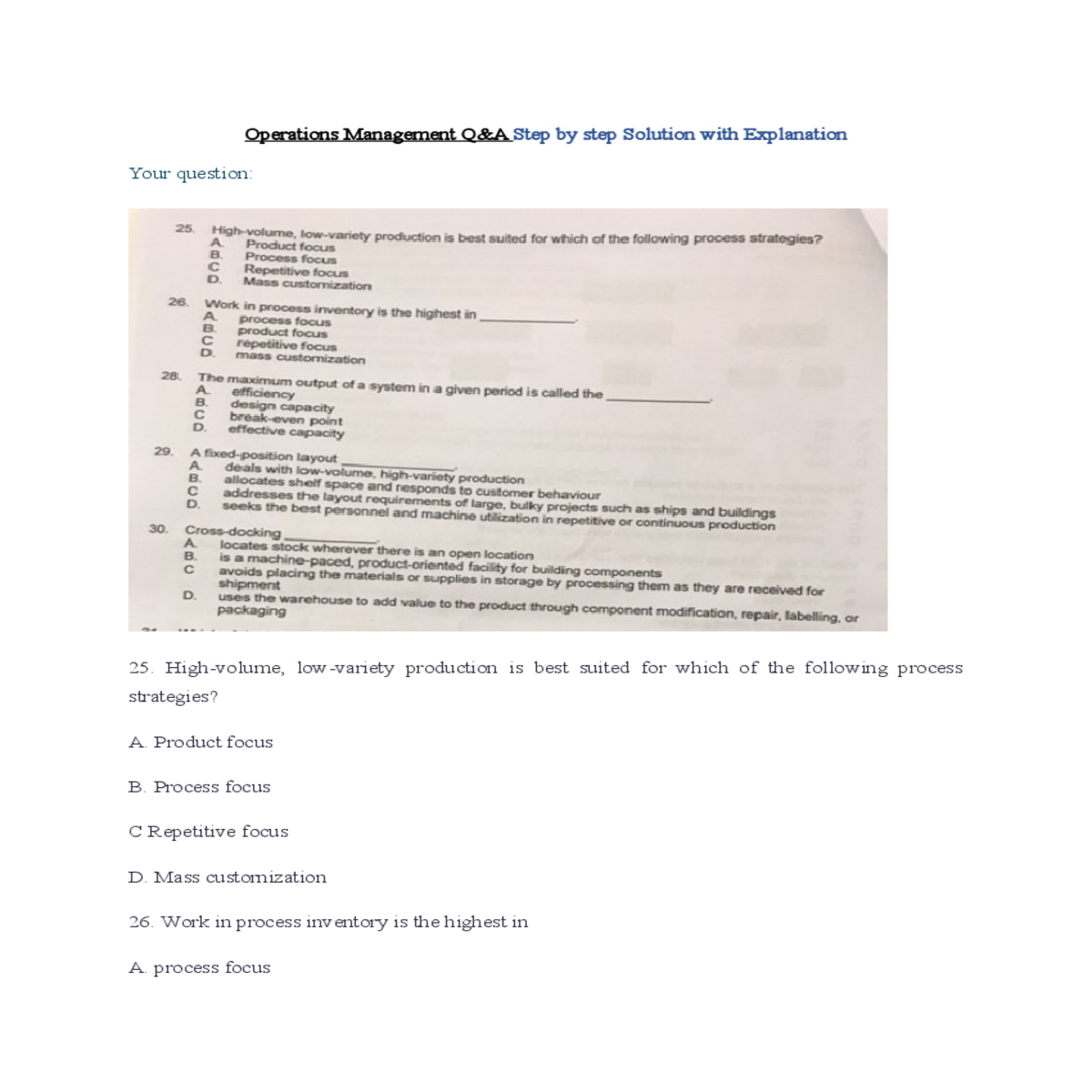 operations management qa answers and explanation