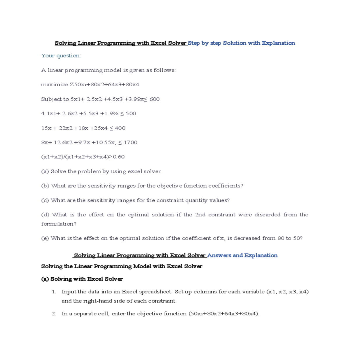 solving linear programming with excel solver answe