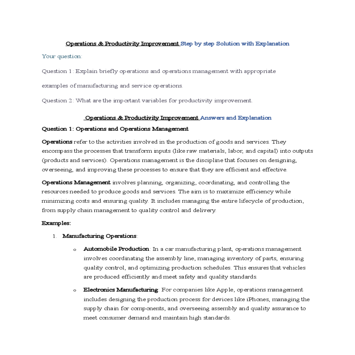 operations  productivity improvement answers and e