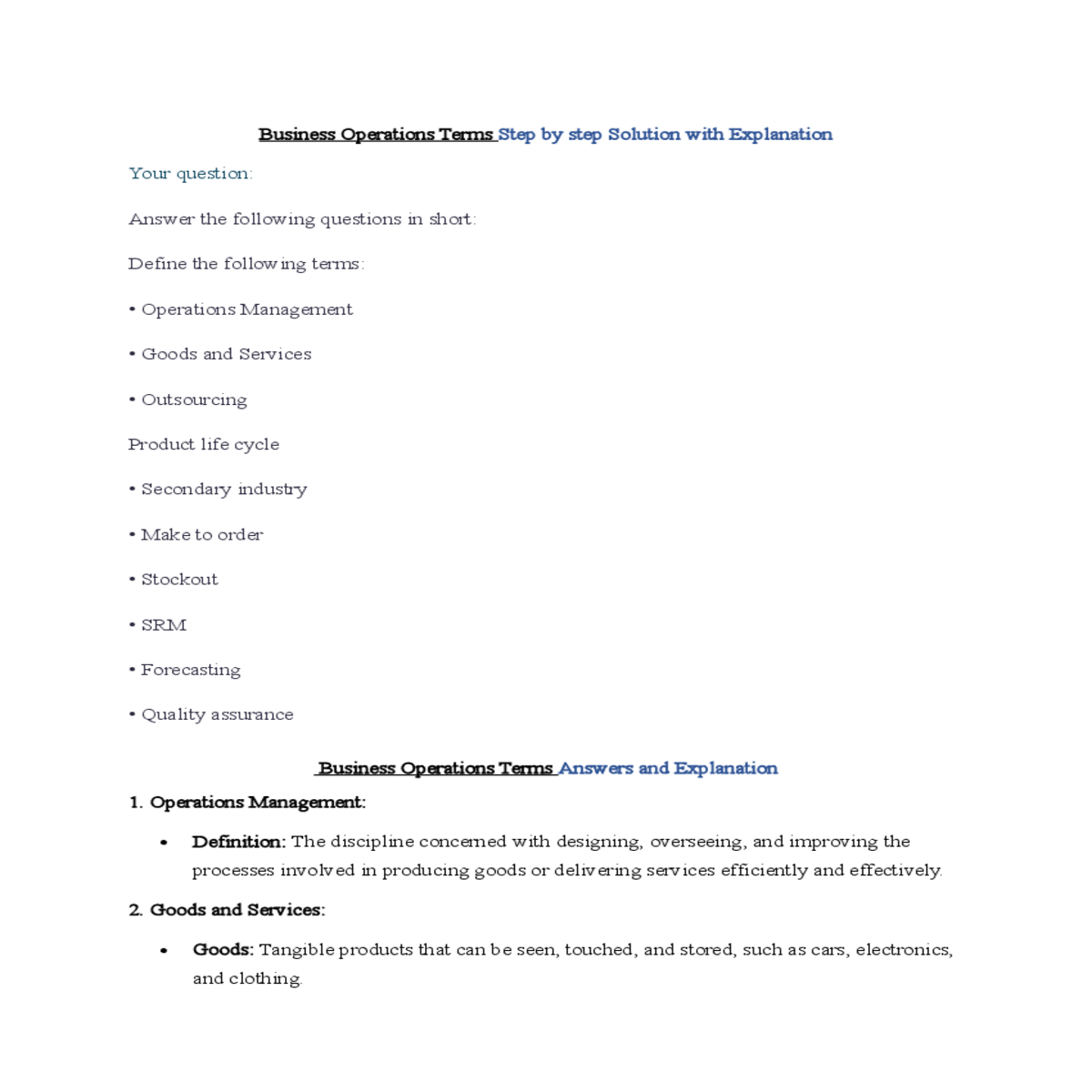 business operations terms answers and explanation