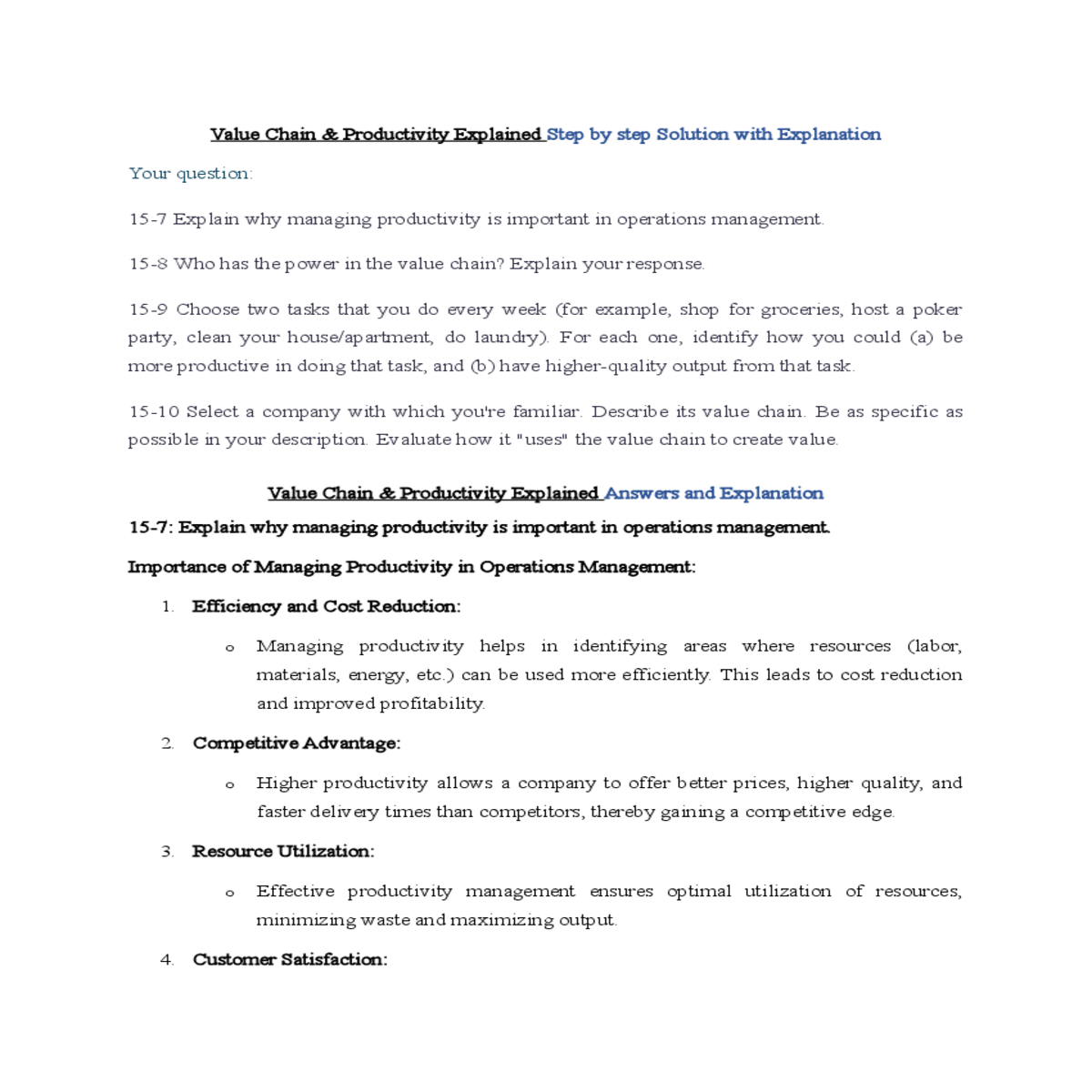 value chain  productivity explained answers and ex