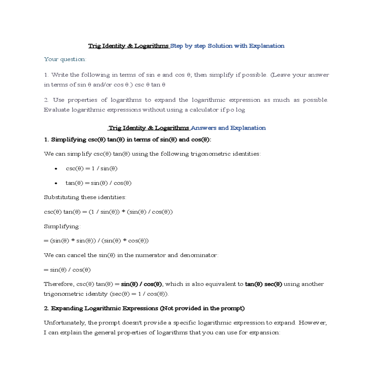 trig identity  logarithms answers and explanation