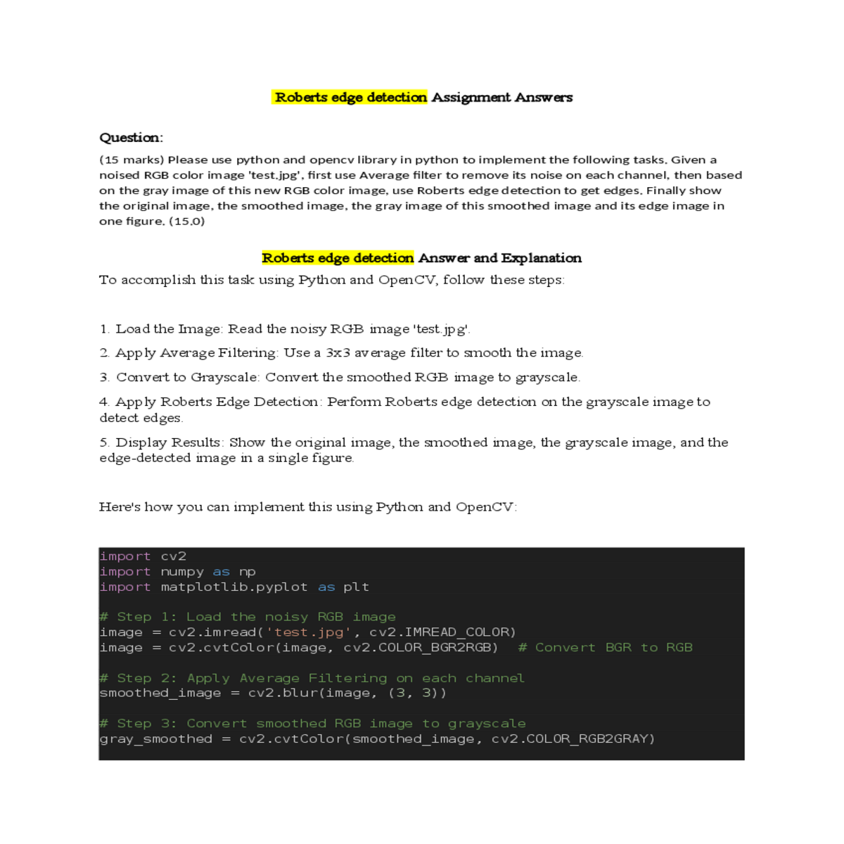 roberts edge detection answer and explanation