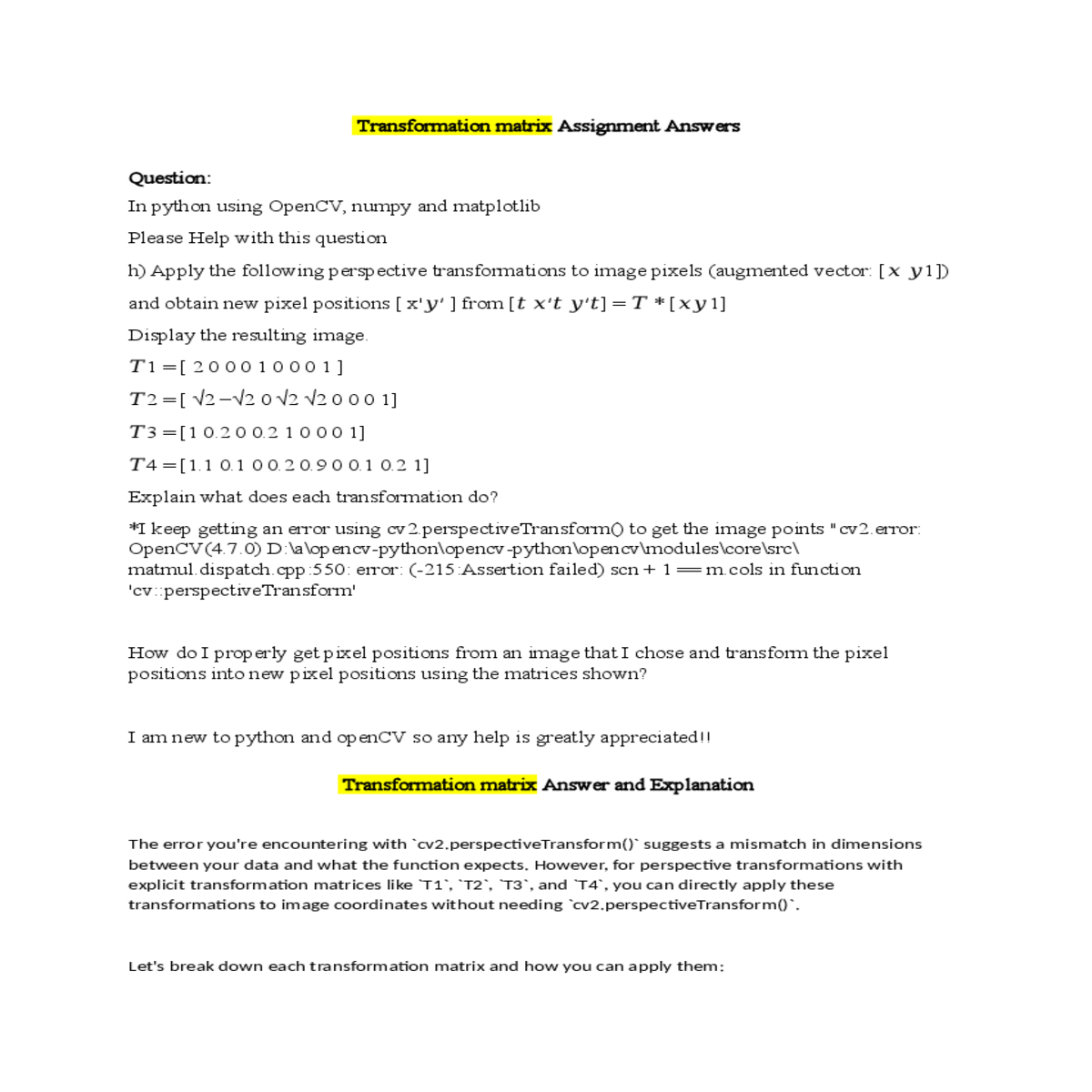 computes the transformed coordinates using matrix 