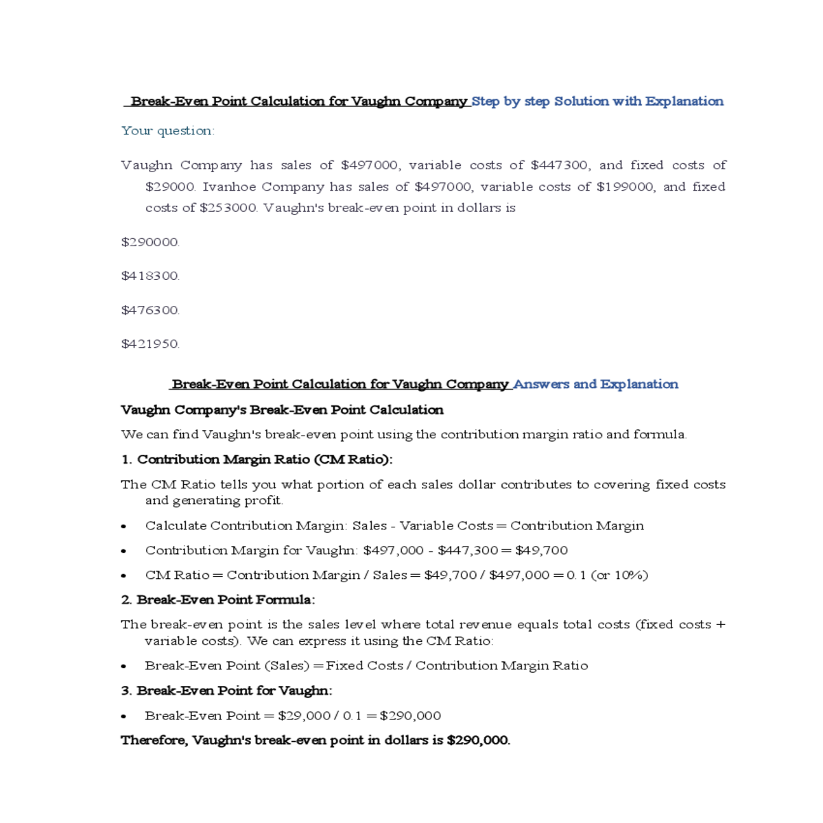 breakeven point calculation for vaughn company ans