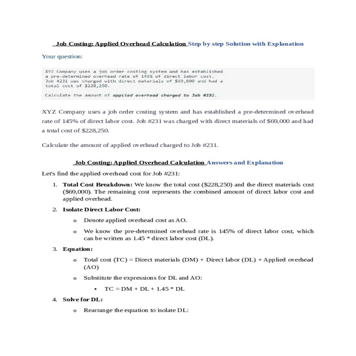 job costing applied overhead calculation answers a