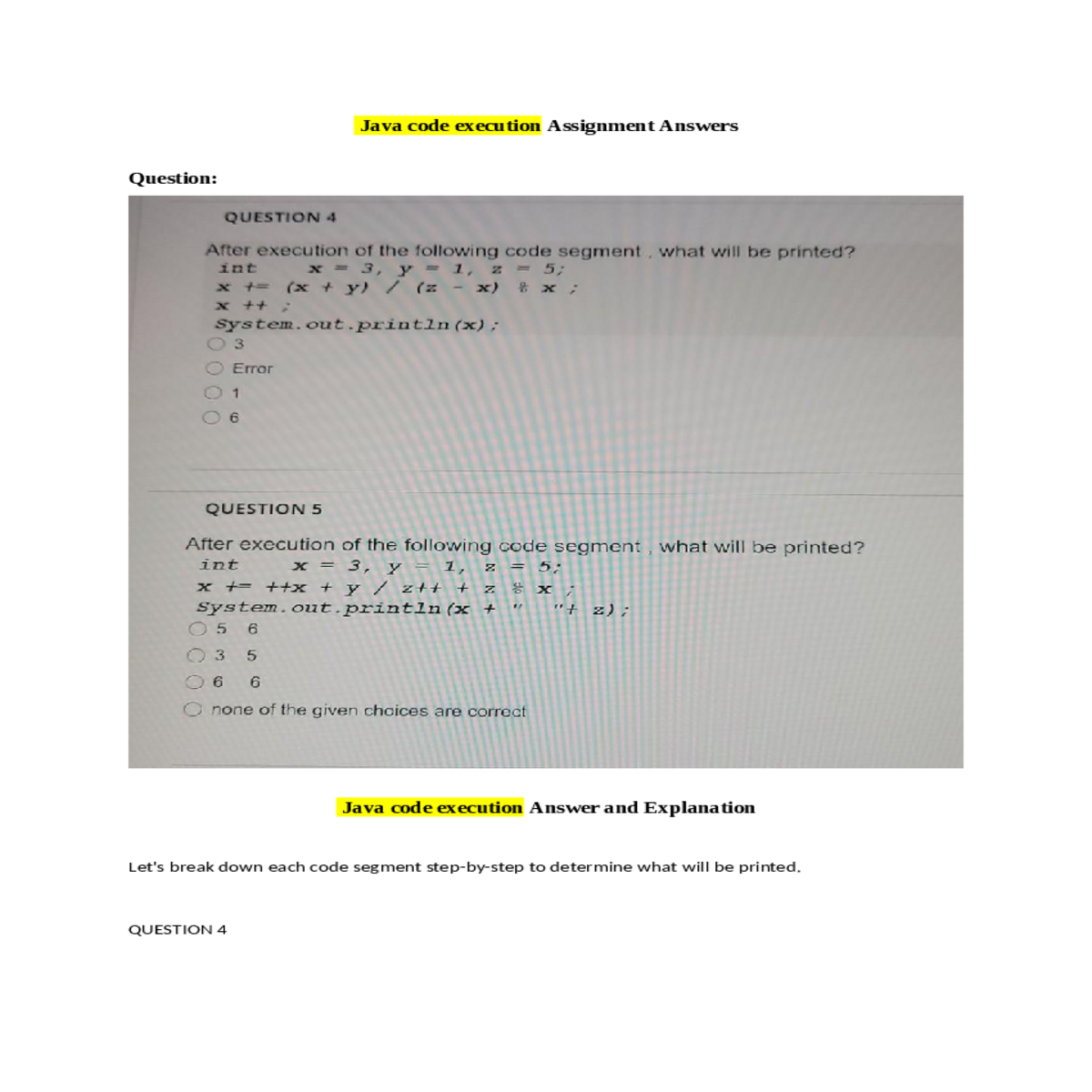 java code execution answer and explanation