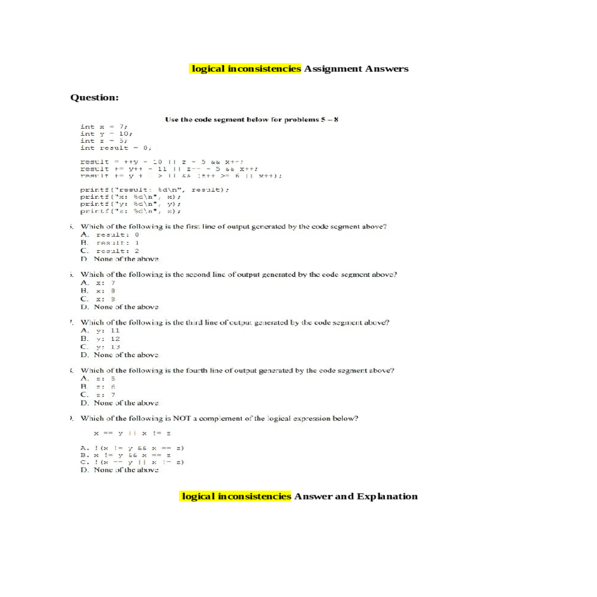 logical inconsistencies assignment answersstudent 