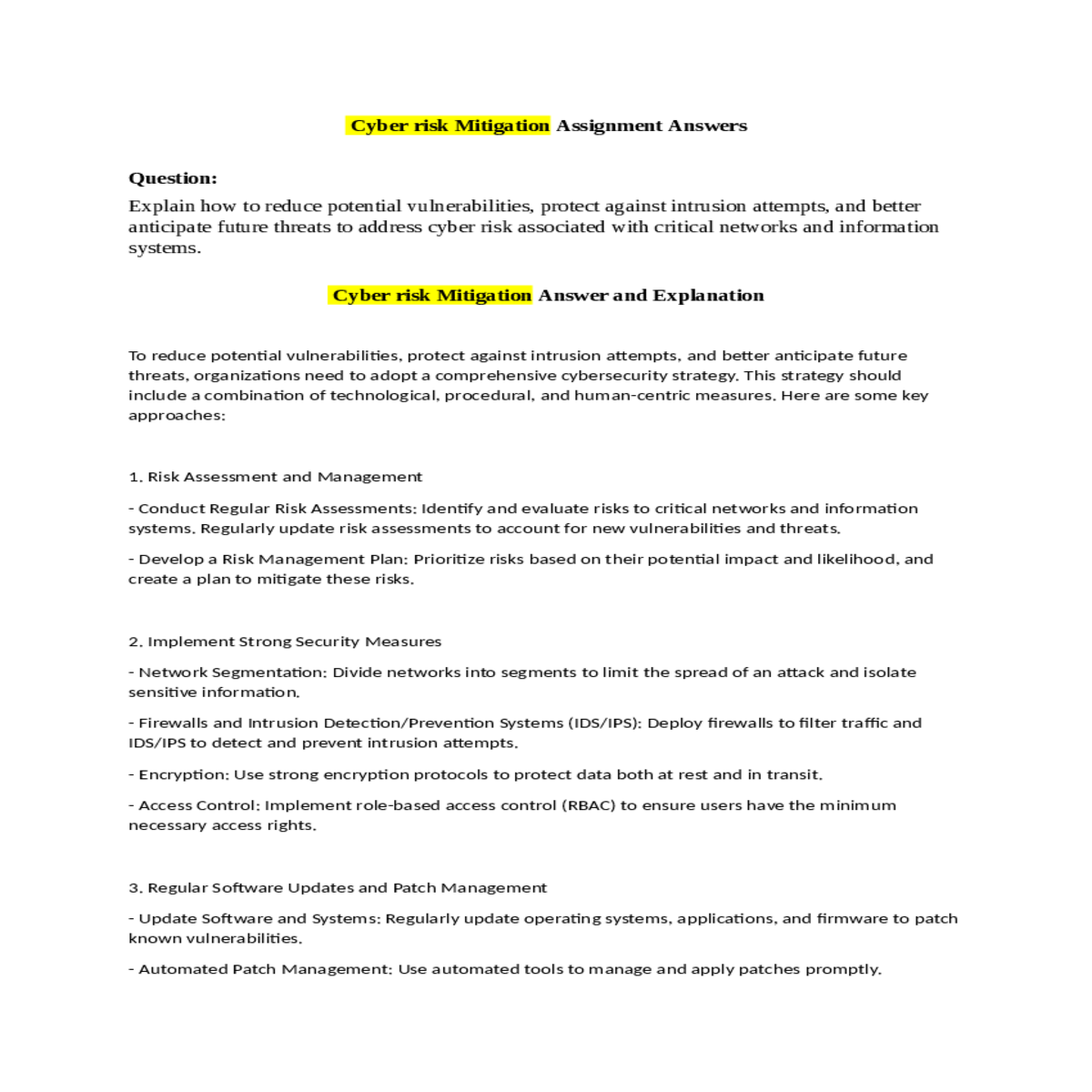 cyber risk mitigation answer and explanation