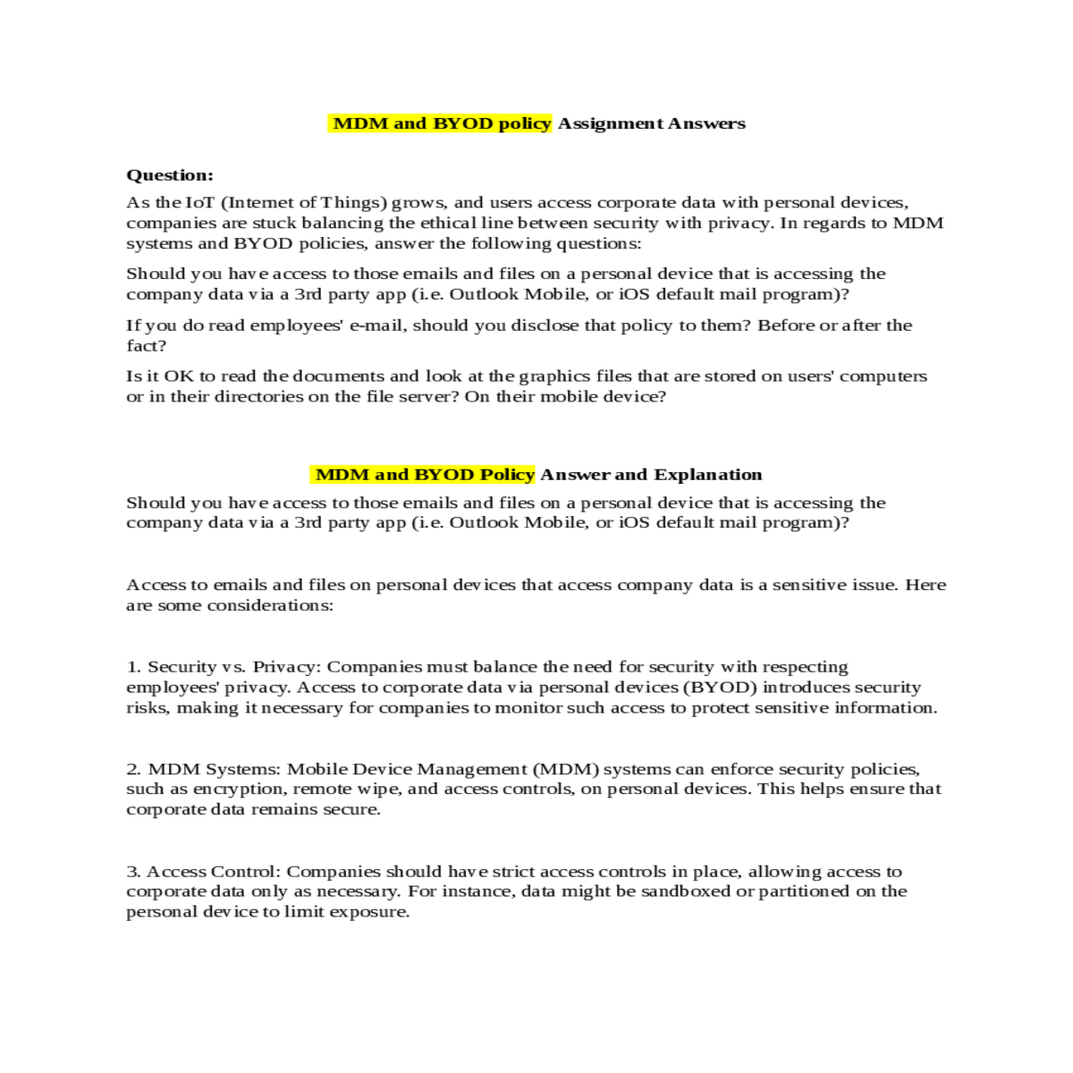 mdm and byod policy assignment answersas the iot i