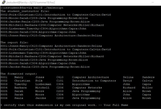 Sample output after executing the script