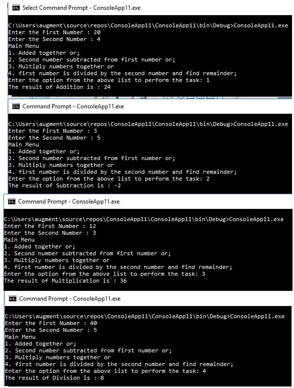 Program Output For Add, Subtract, Multiply, Divide in C Sharp