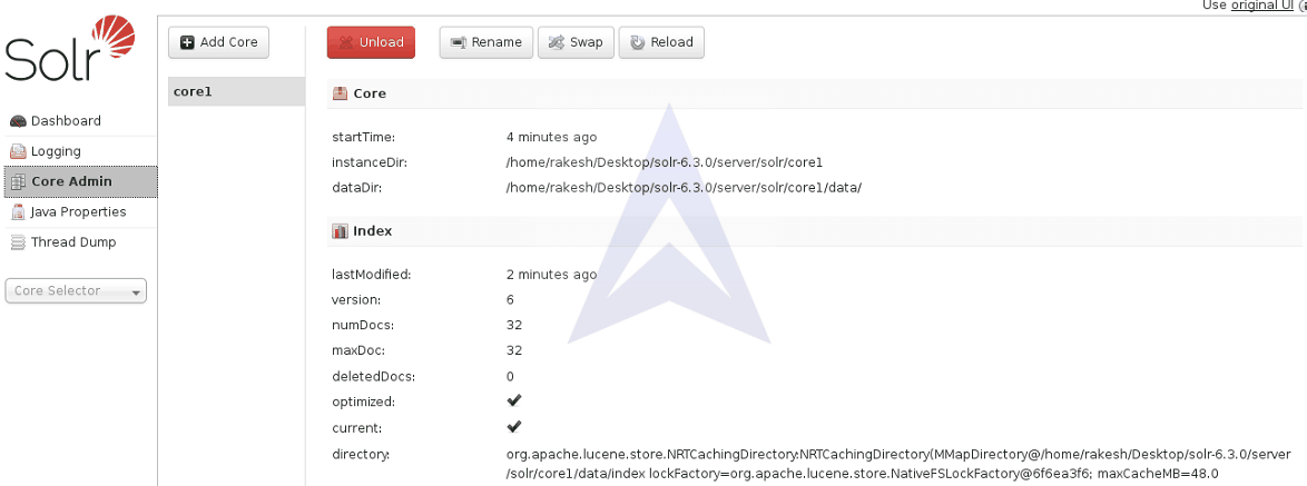 explore Solr GUI to check number of documents posted to core1 image 2