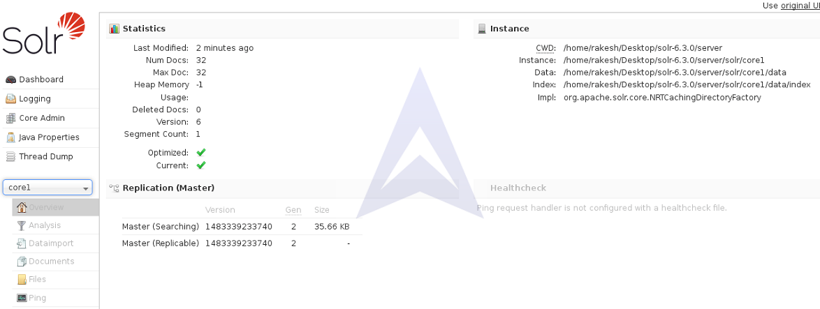 explore Solr GUI to check number of documents posted to core1 image 1